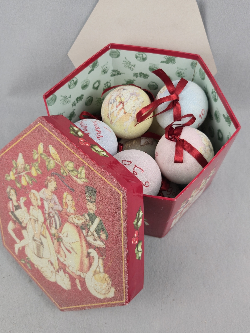 Vintage 12 Days of Christmas Ornament Set 12 Sugar Ball Baubles Hexagon Box